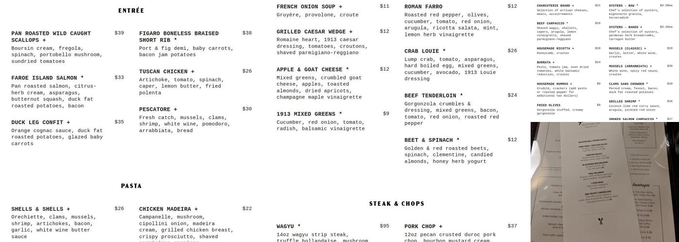 1913 Restaurant + Bar Menu