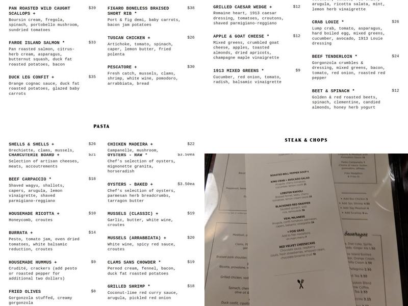 1913 Restaurant + Bar Menu