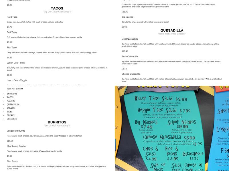 KillerTacos Menu