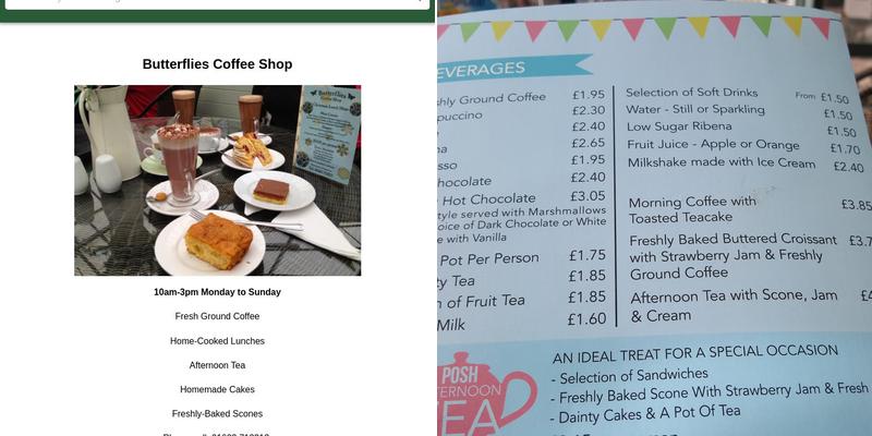 Butterflies Coffee Shop Menu