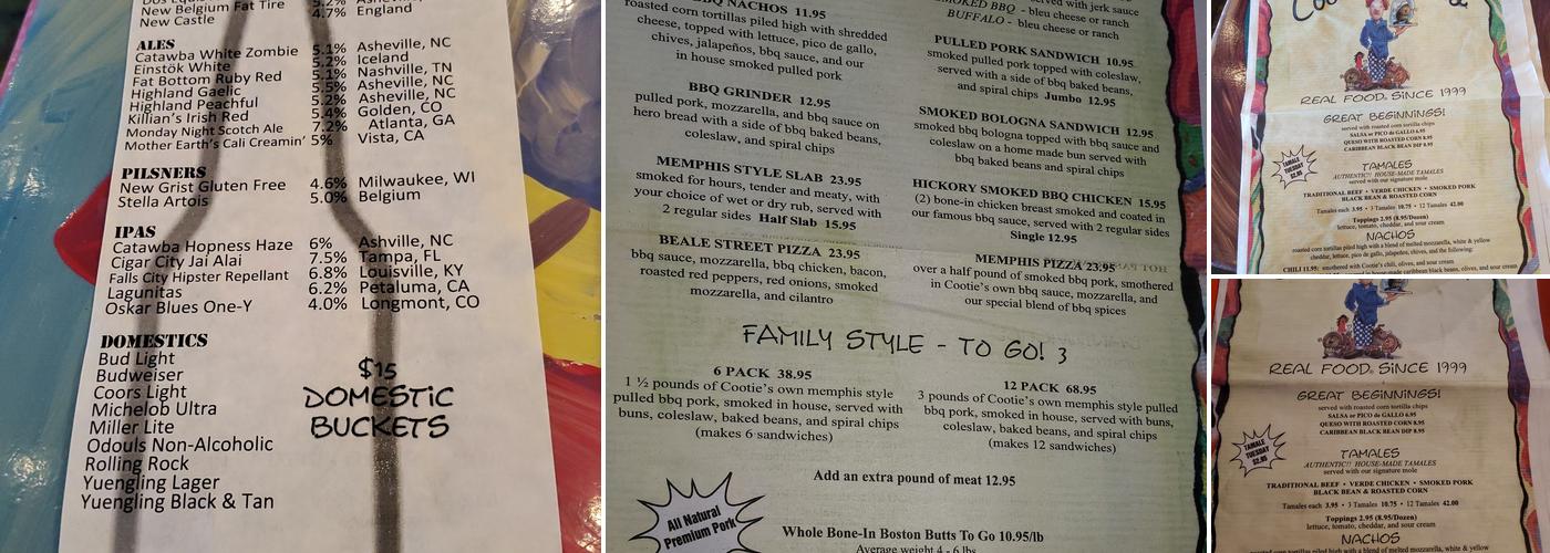 Cootie Brown's N. Roan Menu