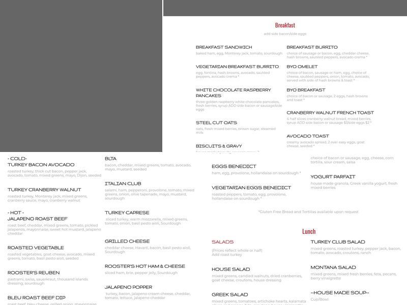 Red Rooster Artisan Bakery Menu