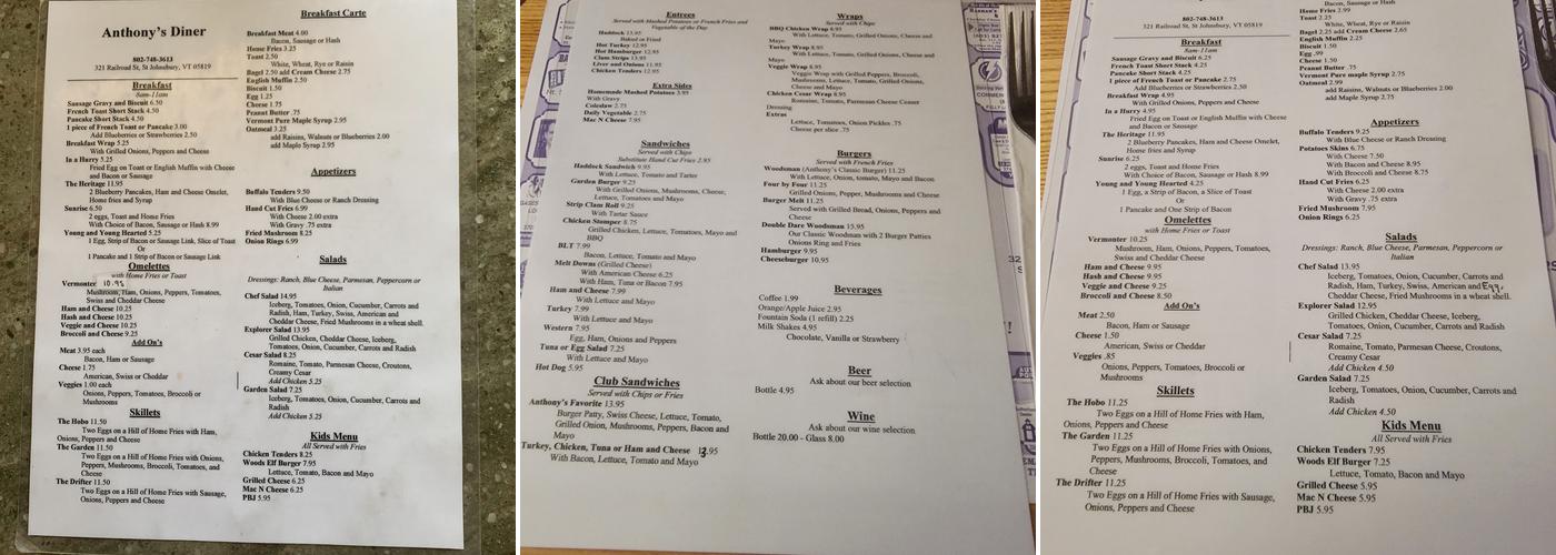 Anthony's Diner Menu