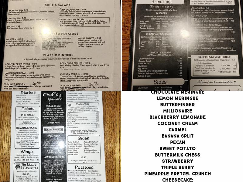 Tin Lizzie Cafe Menu
