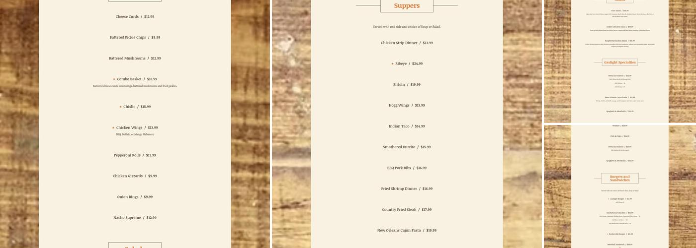 The Gaslight Dining Saloon Menu
