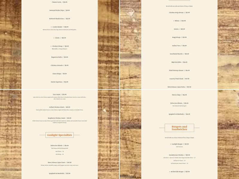 The Gaslight Dining Saloon Menu