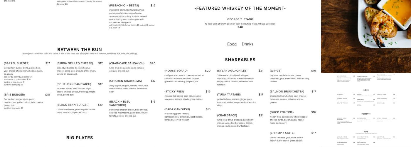 Barrel + Rye Menu