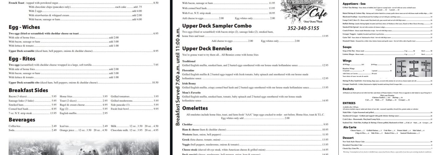Upper Deck Cafe Menu