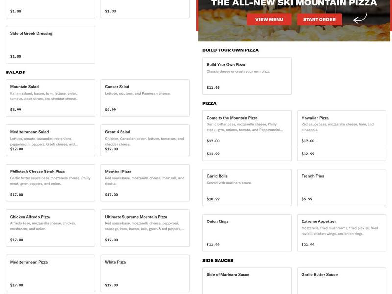 The All-New Ski Mountain Pizza Menu
