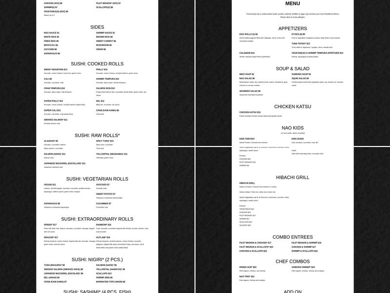 NAO Japanese Grill Menu