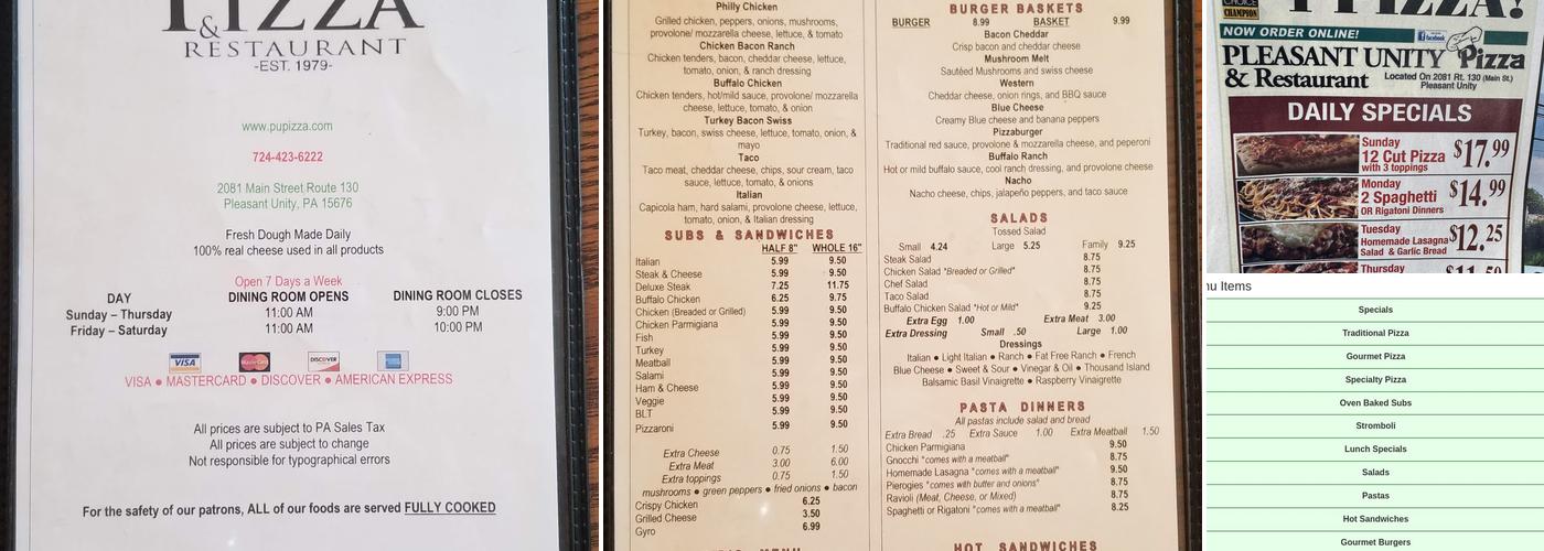 Pleasant Unity Pizza Menu