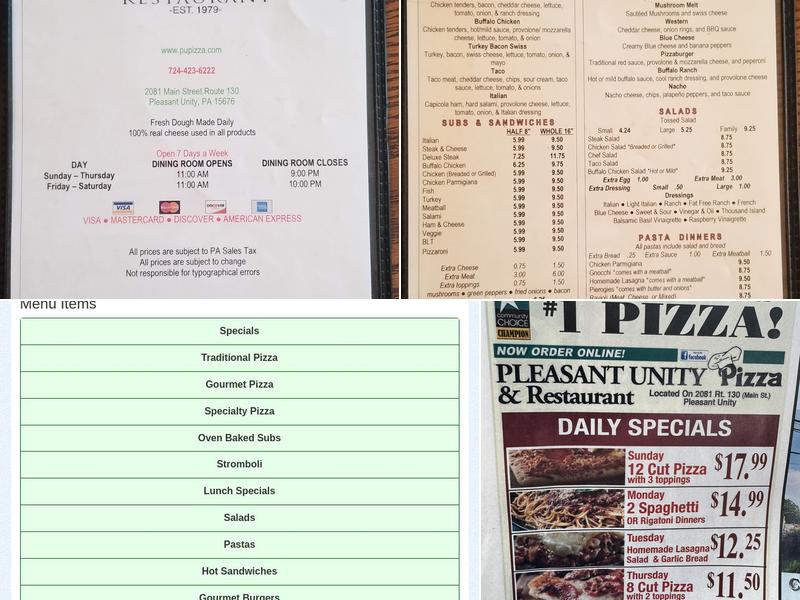 Pleasant Unity Pizza Menu