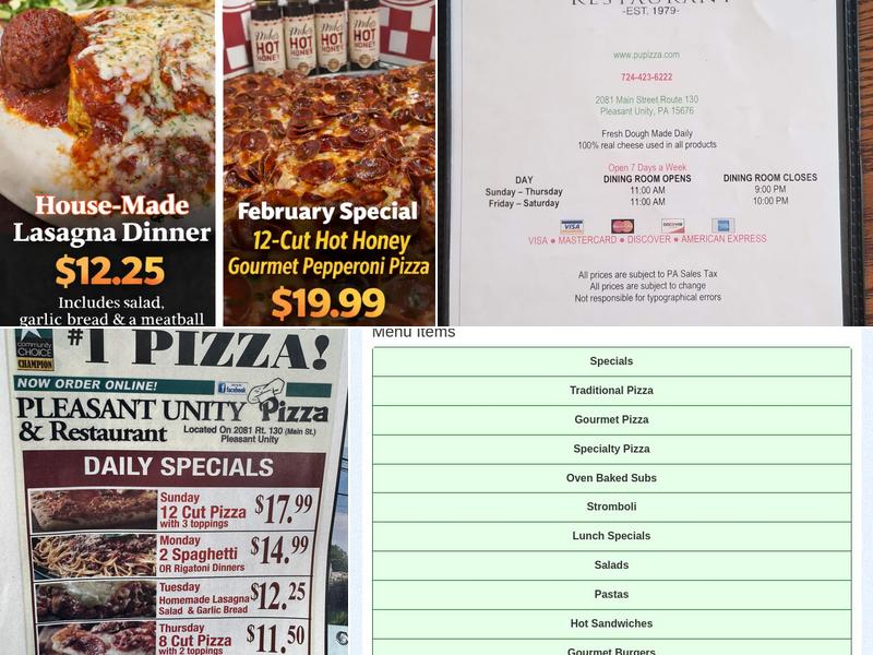 Pleasant Unity Pizza Menu