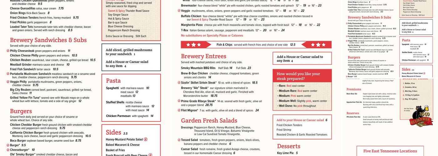 Smoky Mountain Brewery in Gatlinburg Menu