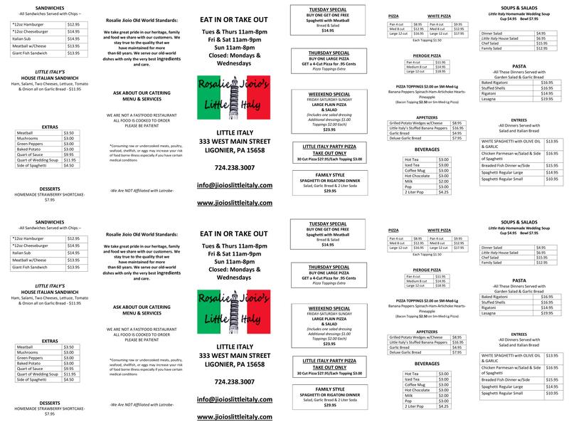 Rosalie Jioio's Little Italy Menu