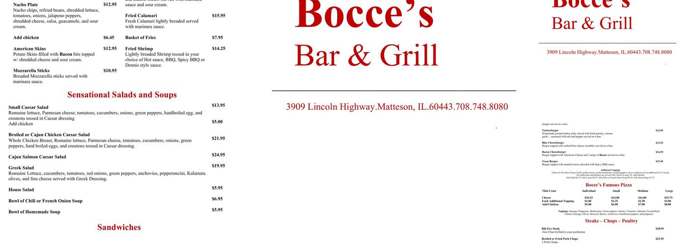 Bocce's Bar and Grill Menu
