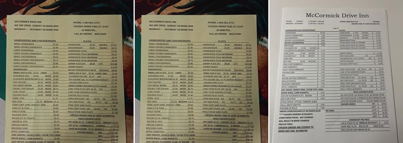 McCormick Drive Inn Menu