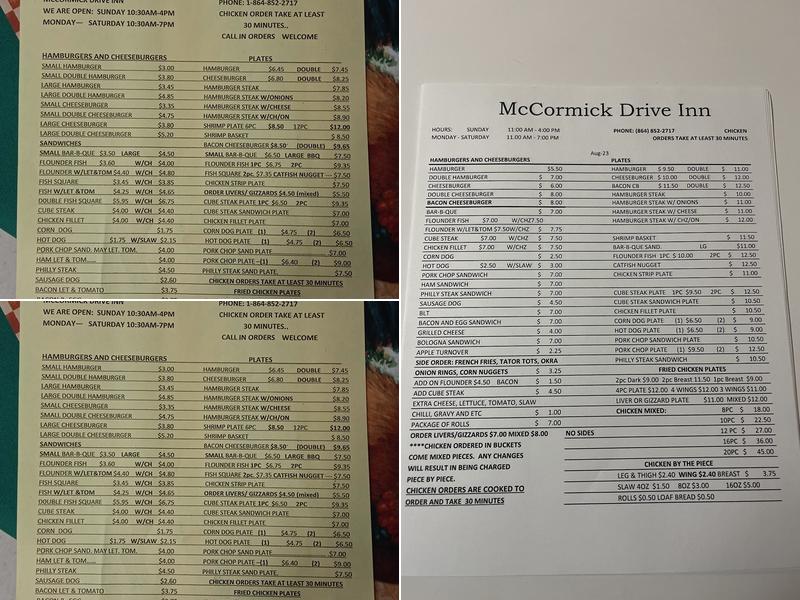 McCormick Drive Inn Menu