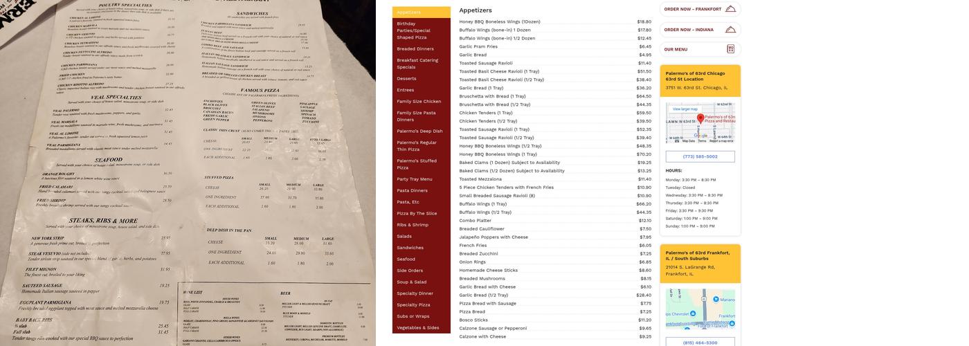 Palermo's of 63rd Pizza and Restaurant Menu