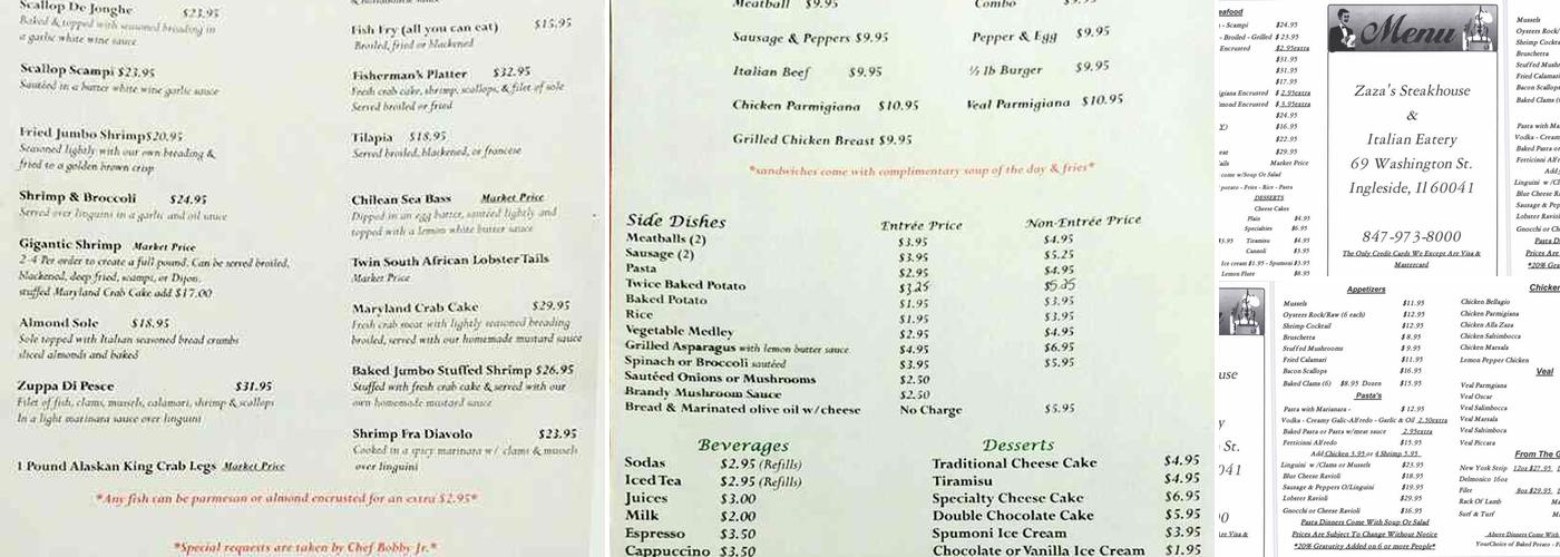 Zaza’s Steakhouse and Italian Eatery Menu