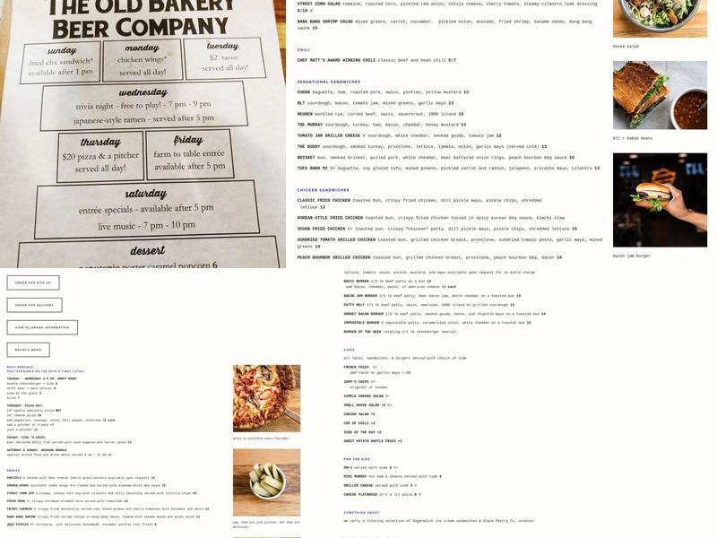 The Old Bakery Beer Company Menu