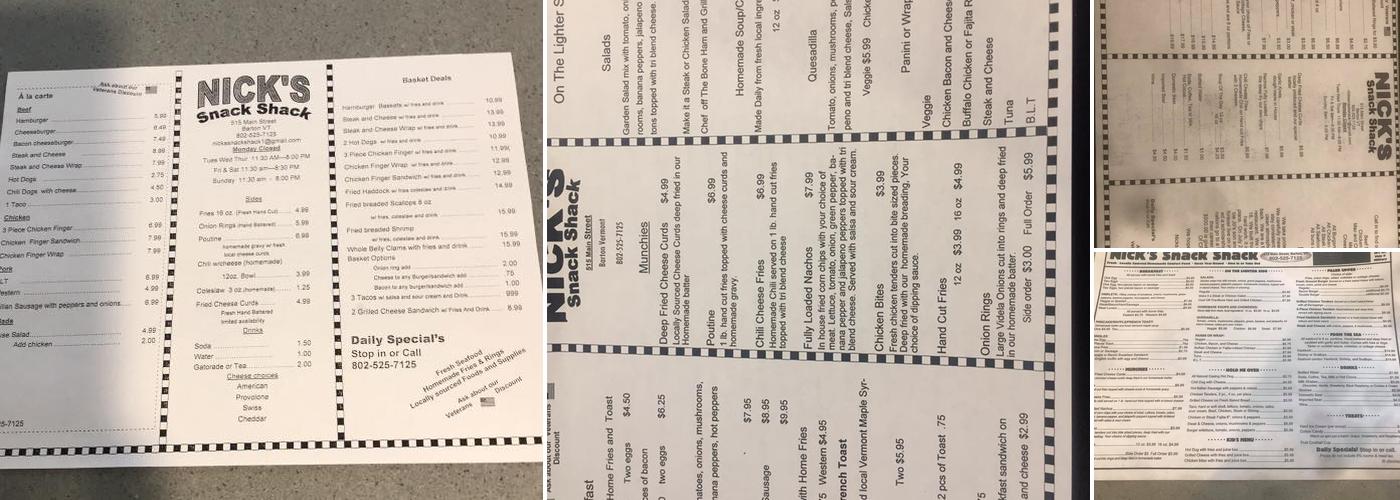 Nicks Snack Shack Menu