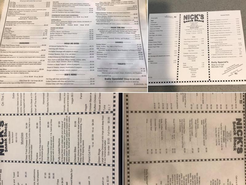 Nicks Snack Shack Menu