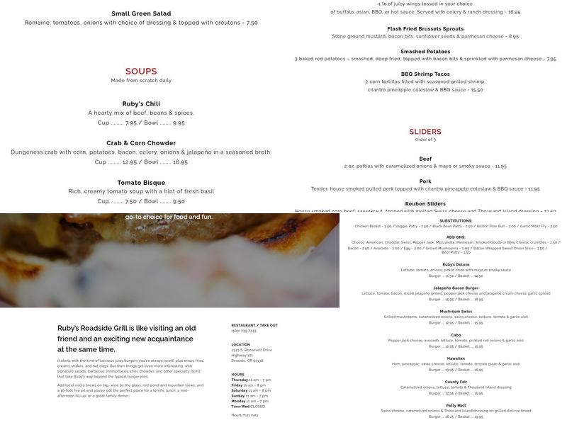 Ruby's Roadside Grill Menu