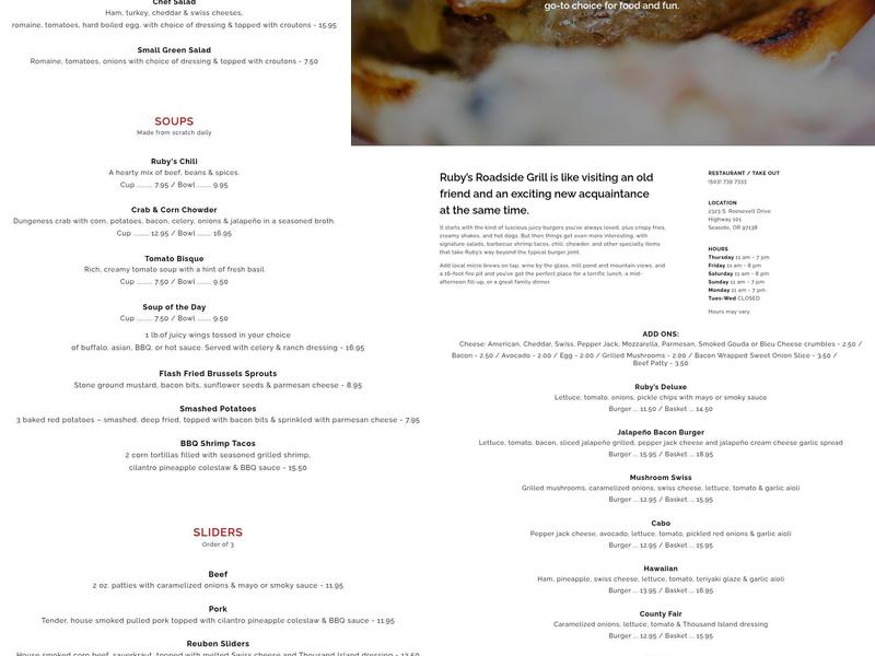 Ruby's Roadside Grill Menu