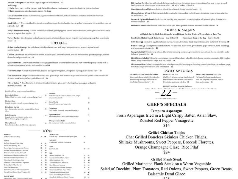 Reserve 22 Menu