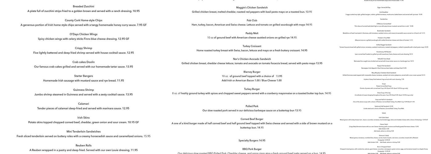 Shannon's Irish Pub Menu