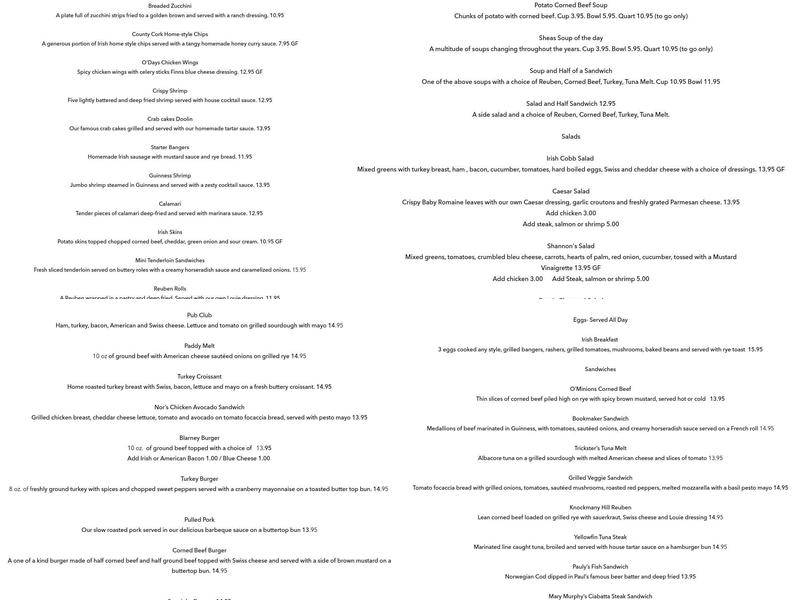 Shannon's Irish Pub Menu