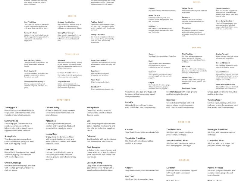 Tusk Thai Cuisine Menu