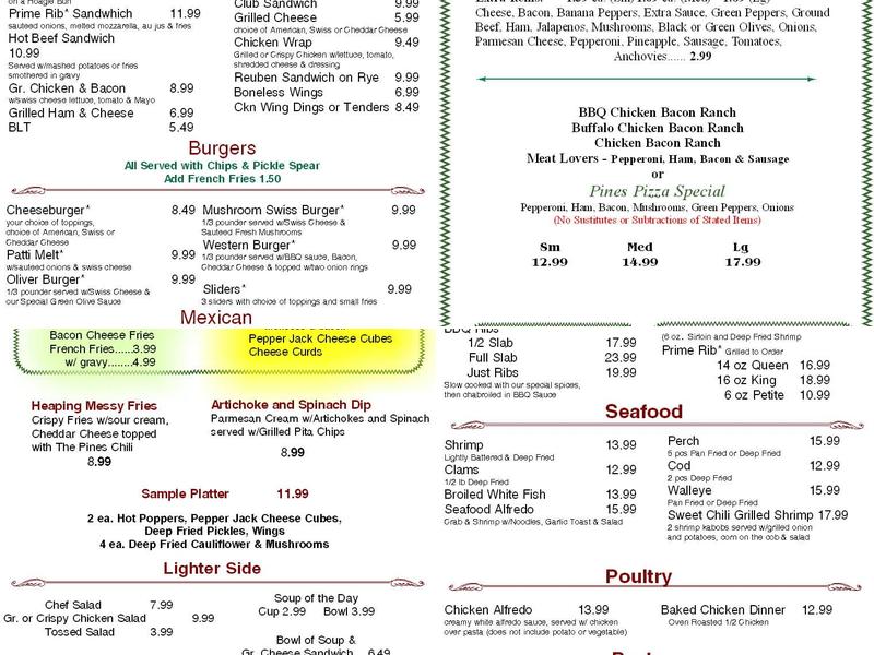 Pines Restaurant & Lounge Menu