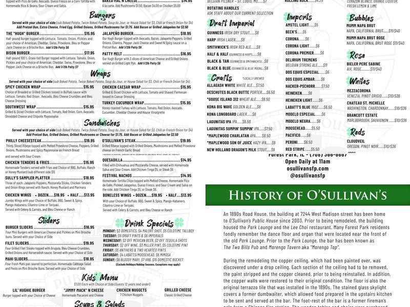 O'Sullivan's Public House Menu