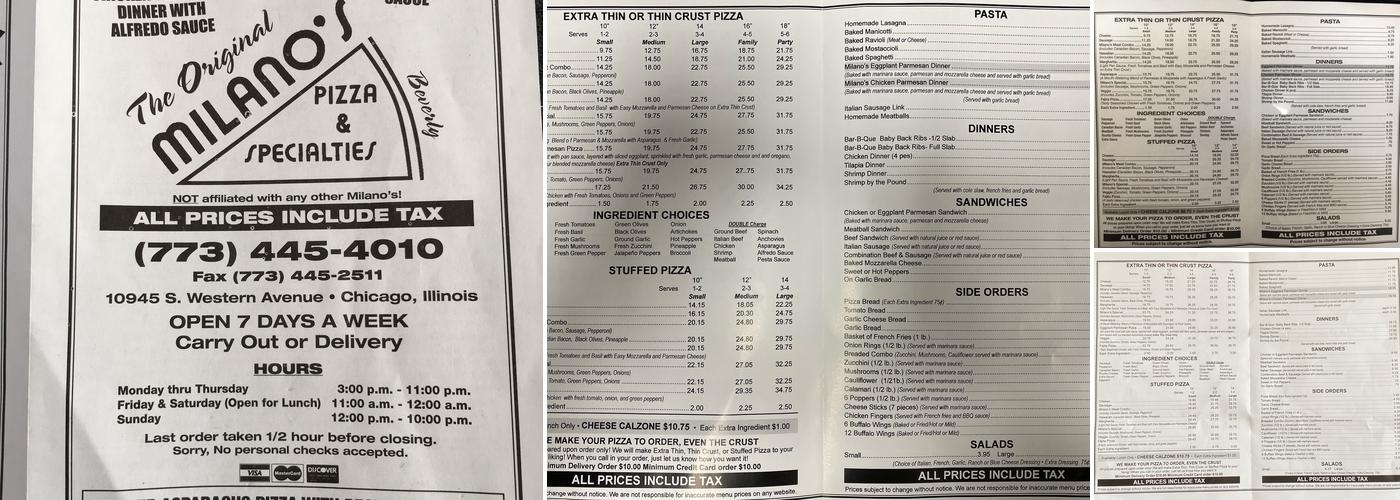 Milano's Pizza Menu
