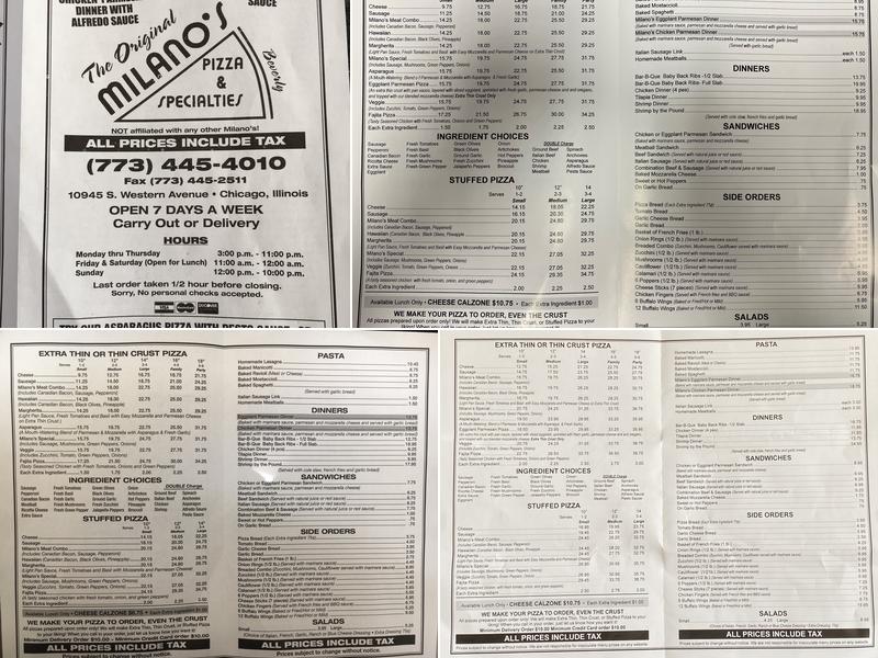 Milano's Pizza Menu