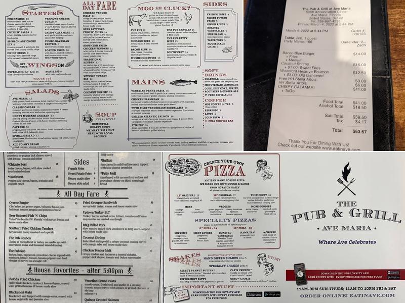 The Pub & Grill at Ave Maria Menu