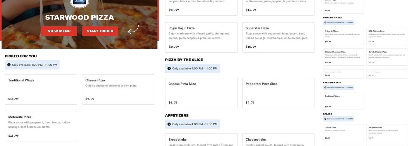 Starwood Pizza Menu