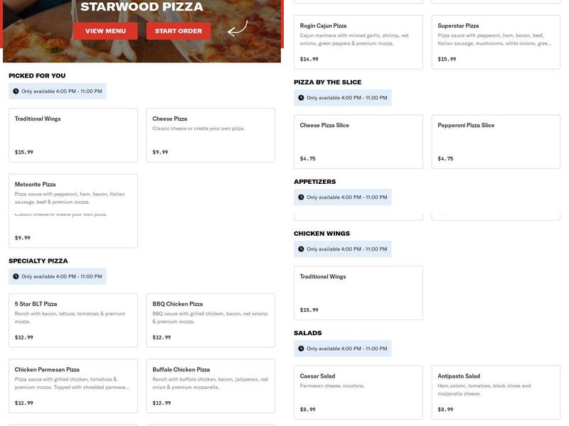 Starwood Pizza Menu