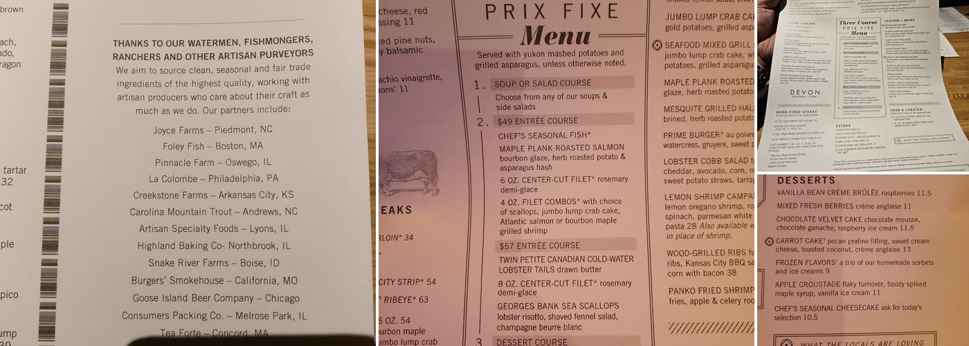 Devon Seafood & Steak Menu