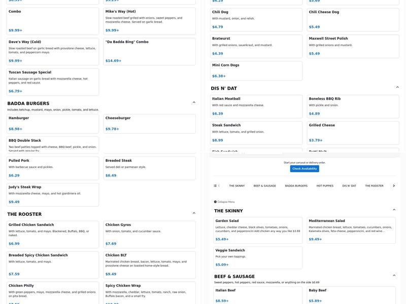 Badda Bing's Italian Beef & Sausage Menu