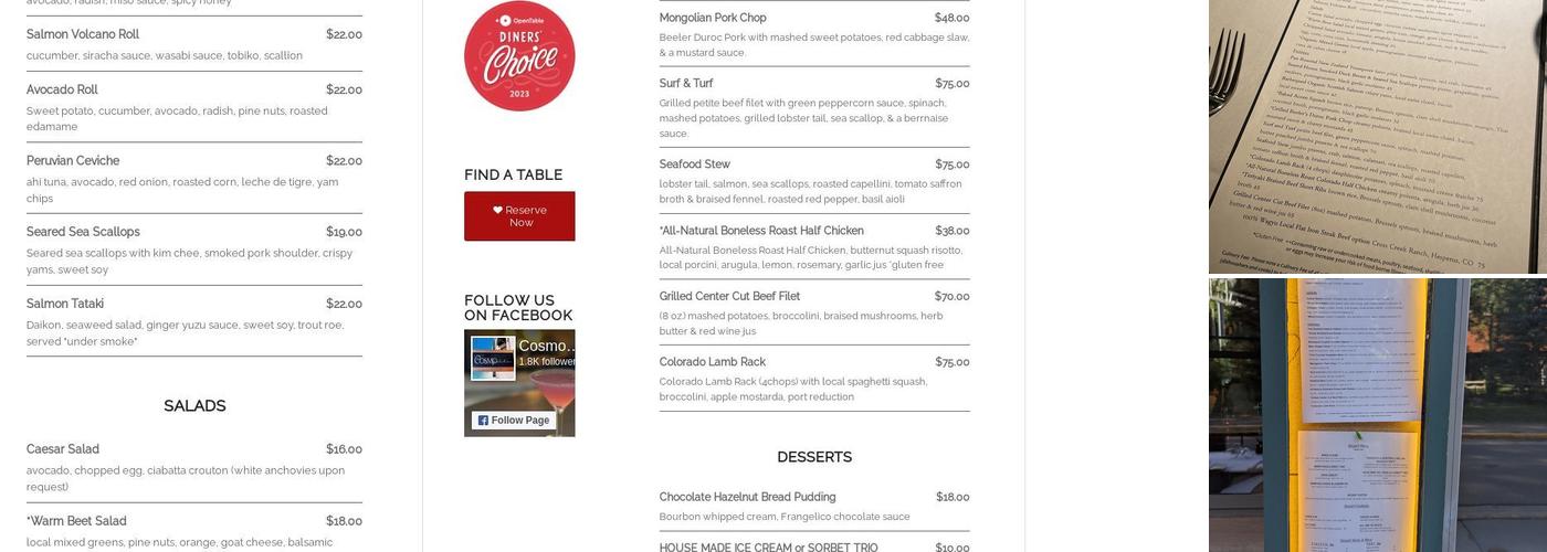 Cosmopolitan Restaurant Menu