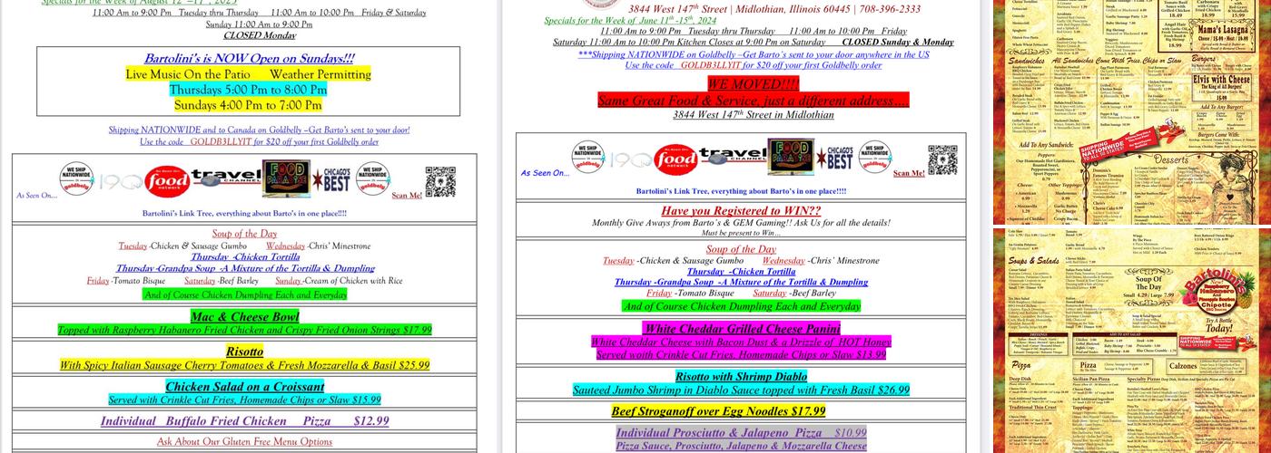 Bartolini's Restaurant Menu