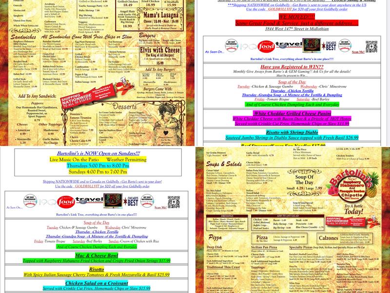 Bartolini's Restaurant Menu