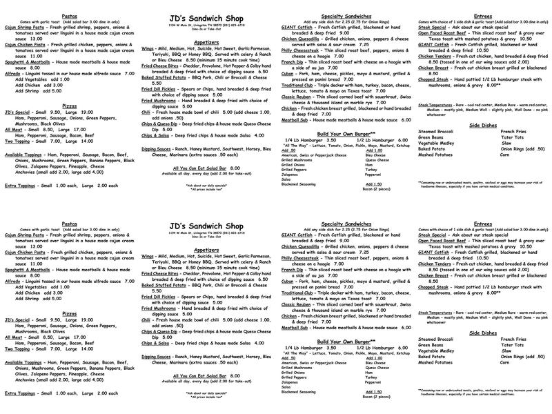J D's Sandwich Shop Menu
