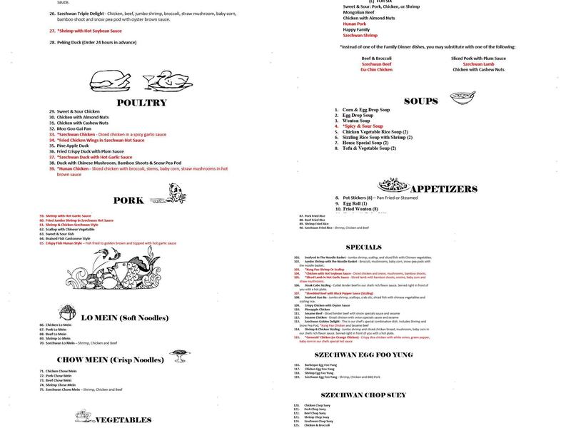 Szechwan Chinese Restaurant Menu