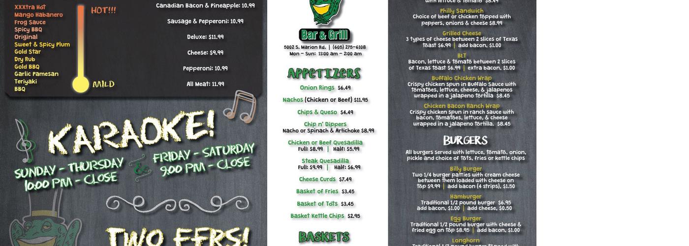 Billy Frogs Menu
