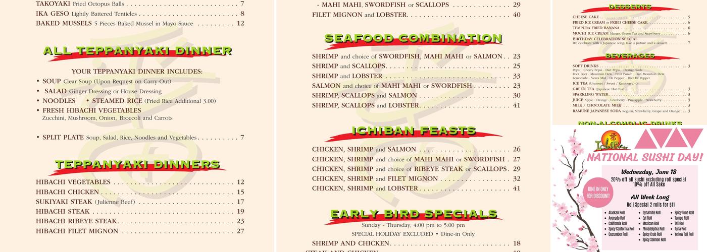 Ichiban Japanese Steakhouse and Sushi Bar Menu