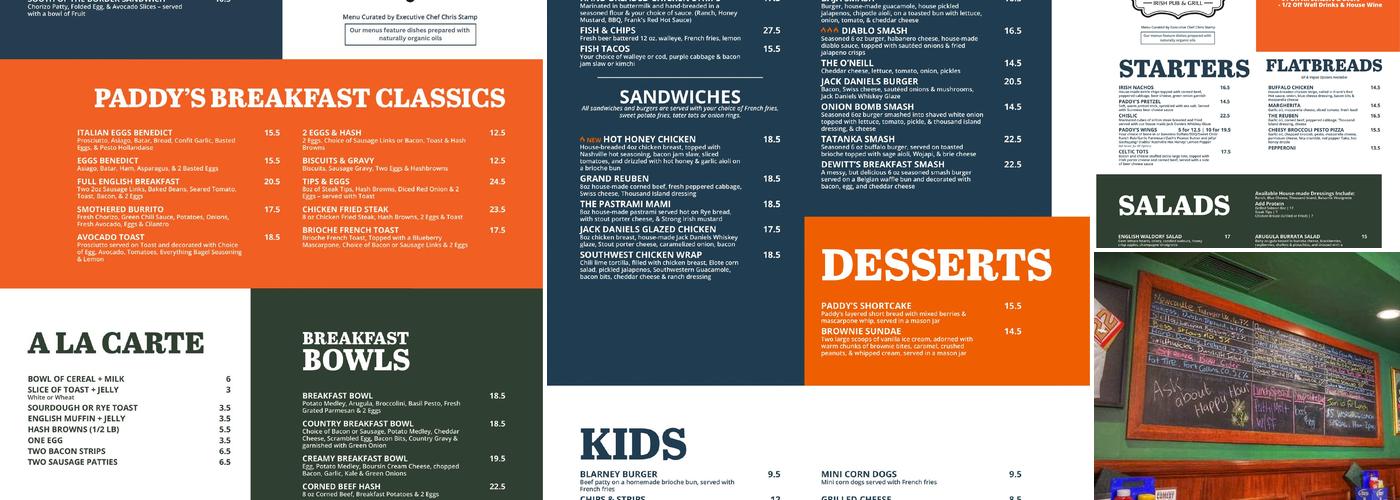 Paddy O'Neill's Irish Pub & Grill Menu